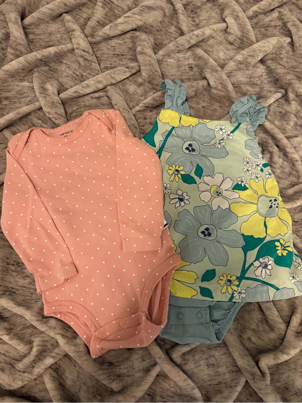 Baby Girl 12 Month Pink Polka Dot Long-Sleeve One-Piece Bodysuit/Floral Dress
